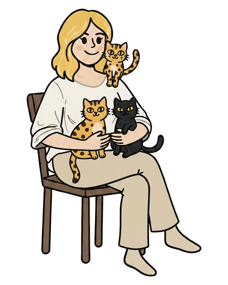 Valéria sentada com seus três gatos