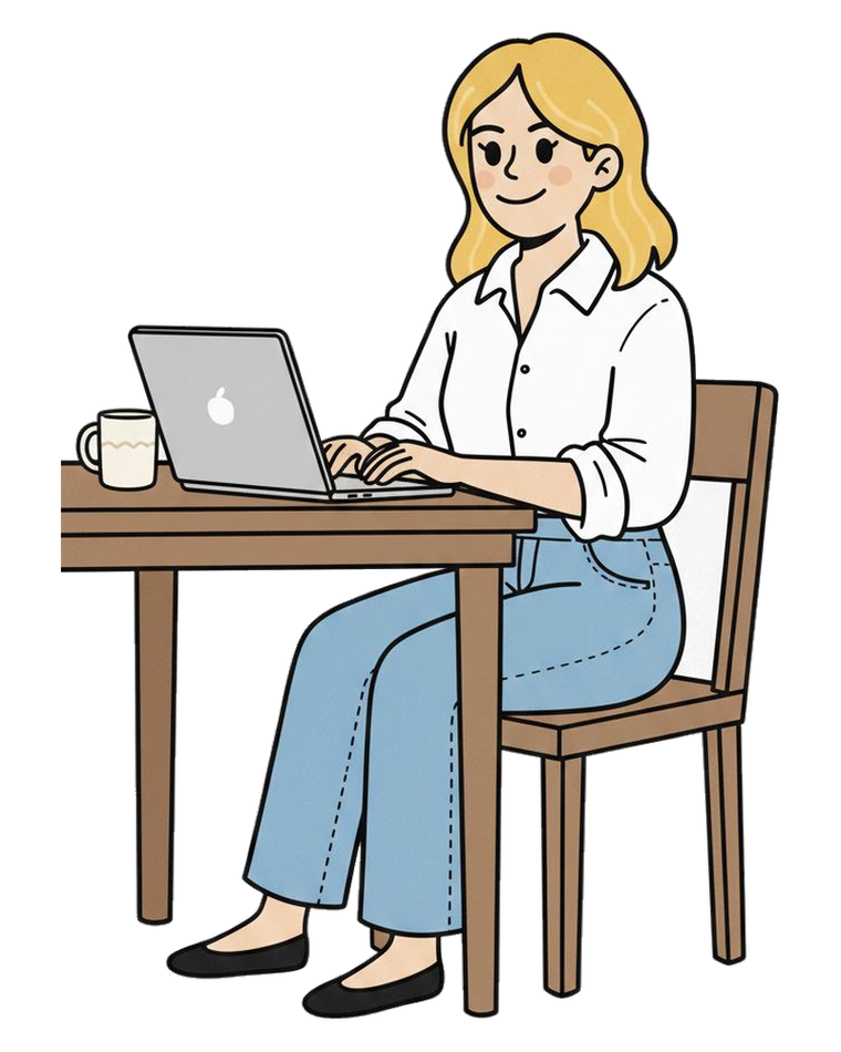 Valéria no laptop preparando seu plano alimentar